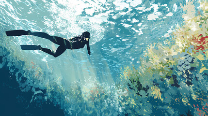 Underwater refeaction swimming outdoors nature. Aquatic. Illustration