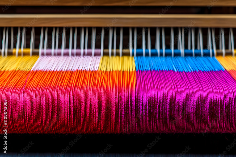 Poster loom weaving colourful fabric, showcasing vibrant threads being interlaced to create intricate patte