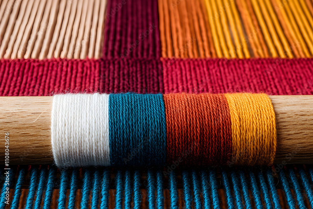 Poster loom weaving colourful fabric, showcasing vibrant threads being interlaced to create intricate patte