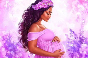 Elegant woman in lavender dress with floral crown showcases graceful beauty in a serene setting, highlighting maternal joy during a sunny afternoon