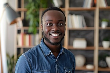 Obraz premium Happy young African American man poses for headshot at home office.