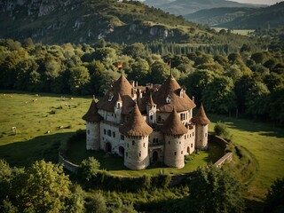 Fototapeta premium Mushroom-shaped medieval castle with stunning landscape views.