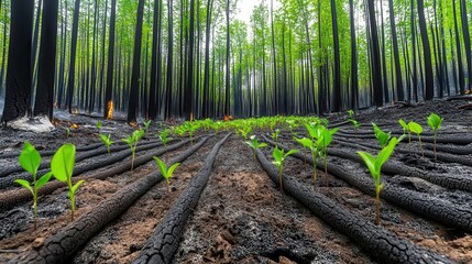 Fototapeta premium Forest regenerating after wildfire, lush growth emerging, climate resilience and recovery