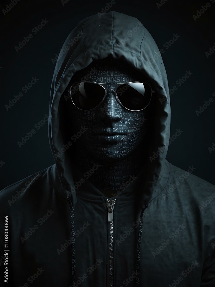 Poster mysterious figure in a hood with code reflecting in sunglasses.