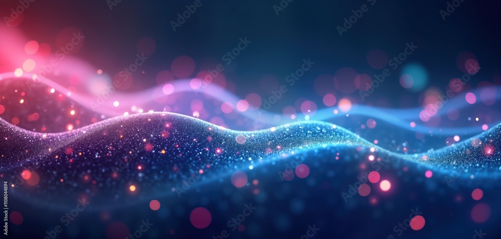 Poster abstract design with vibrant blue, pink glowing lights. futuristic patterns, shimmering texture crea