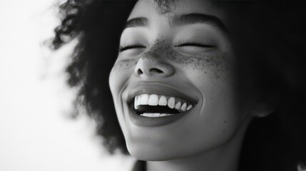 Joyful young woman with freckles laughing.