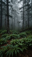 Fototapeta premium Mysterious foggy forest landscape.