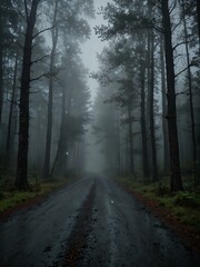 Fototapeta premium Mysterious forest road with thick fog and headlights.