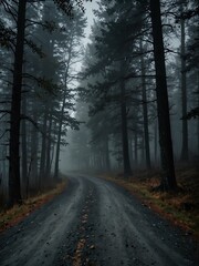 Fototapeta premium Mysterious forest road with thick fog and headlights.