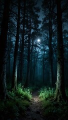 Naklejka premium Mysterious moonlit forest, magical and hidden.