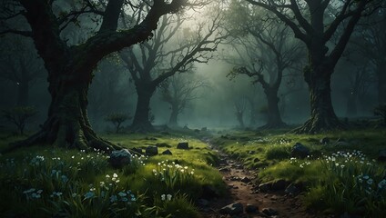 Obraz premium Mysterious spring landscape with a deep, detailed atmosphere.