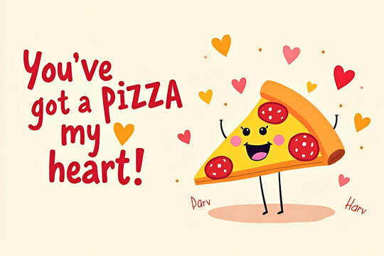 Cute Cartoon Pizza Slice Character with Happy Expression in Valentine Theme Design