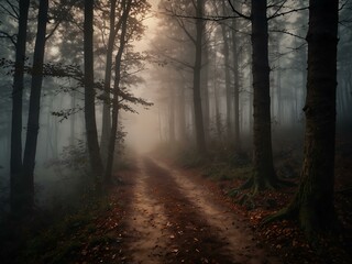 Obraz premium Mystical forest path with amber lighting on a foggy night.