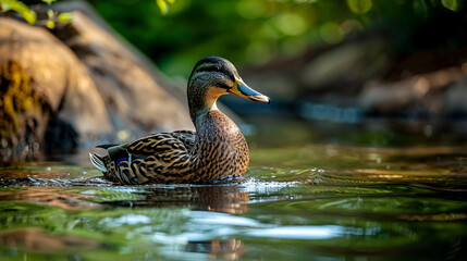 Fototapeta premium A closeup of a beautiful female mallard duck on a wild pond