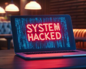 a laptop screen with the text  System Hacked in red against a background of digital binary code.	
