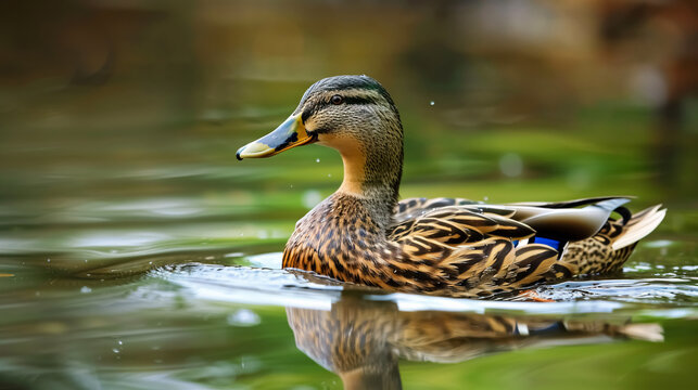 A closeup of a beautiful female mallard duck on a wild pond