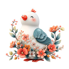 Cute 3D Bird Covered in Flowers, Cartoon Style, Teddy, Toy - Transparent PNG