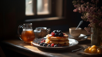 Breakfast of pancakes and berries.