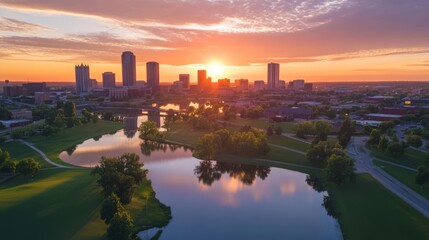 Fototapeta premium Stunning sunrise over city skyline reflected in calm river.