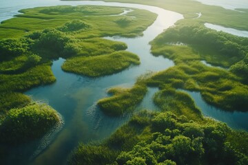 Aerial View of Lush Green Coastal Marshlands Surrounded by Serene Waters and Vibrant Ecosystem in Natural Habitat at Golden Hour