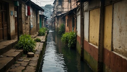 Fototapeta premium Narrow waterway through urban slums.