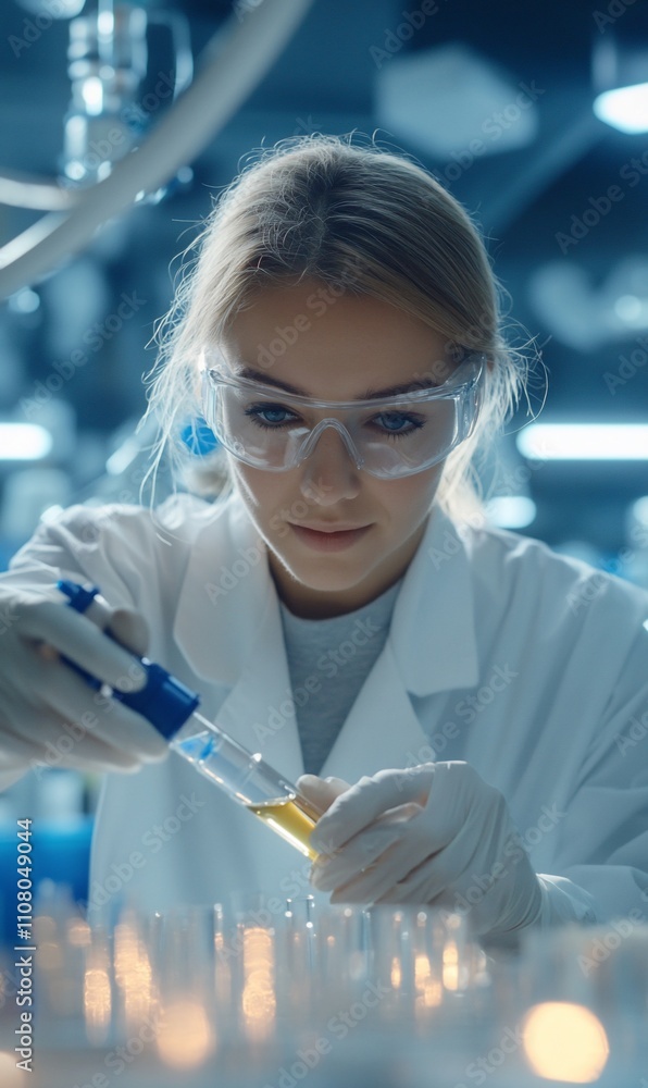 Poster scientist in lab coat using pipette, adding liquid to test tubes.