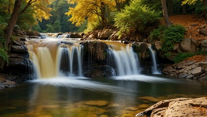 Obraz premium Natural golden waterfall view in a scenic landscape.