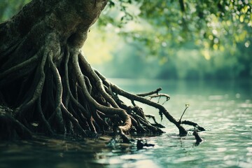 Detailed Close-Up of Tree Roots Emerging from Water in a Serene Natural Environment Surrounded by Lush Greenery and Soft Reflective Light