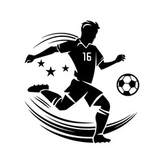 Soccer player Powerful Front Kick silhouette vector illustration, black silhouette of a football player with a ball