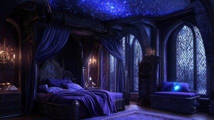 Luxurious dark purple gothic bedroom with a starry ceiling, four-poster bed, and ornate furniture.