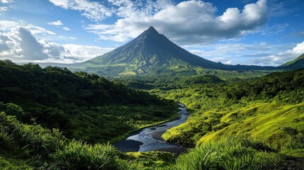 Fototapeta premium Majestic mountain peaks lush green valley scenic landscape tropical environment wide-angle view nature's serenity