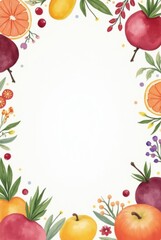 Watercolor fruit border with organic food. Fresh garden farm fruits frame for market