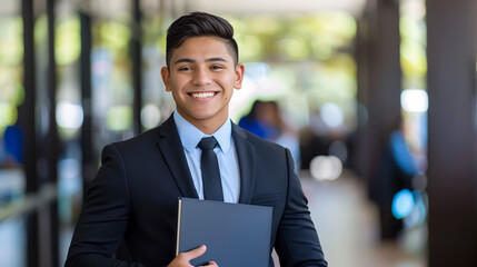 Fototapeta premium A young Hispanic man in business attire, confidently smiling while holding a binder in an office setting.