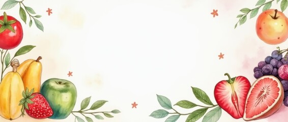 Watercolor fruit border with organic food. Fresh garden farm fruits frame for market