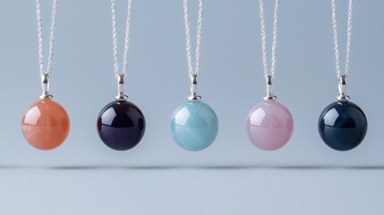 Row of six pendants hanging from a silver chain. each pendant is round and has a different color - orange, blue, pink, purple, and black.