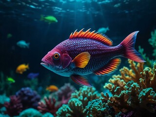 Fototapeta premium Neon fish swimming in a vibrant underwater scene.