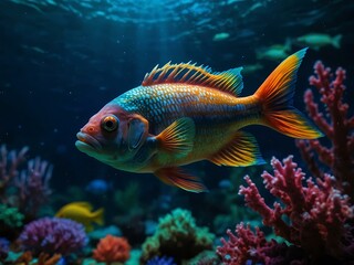 Fototapeta premium Neon fish swimming in a vibrant underwater scene.
