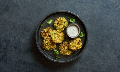 Vegetable vegetarian zucchini fritters served with sauce