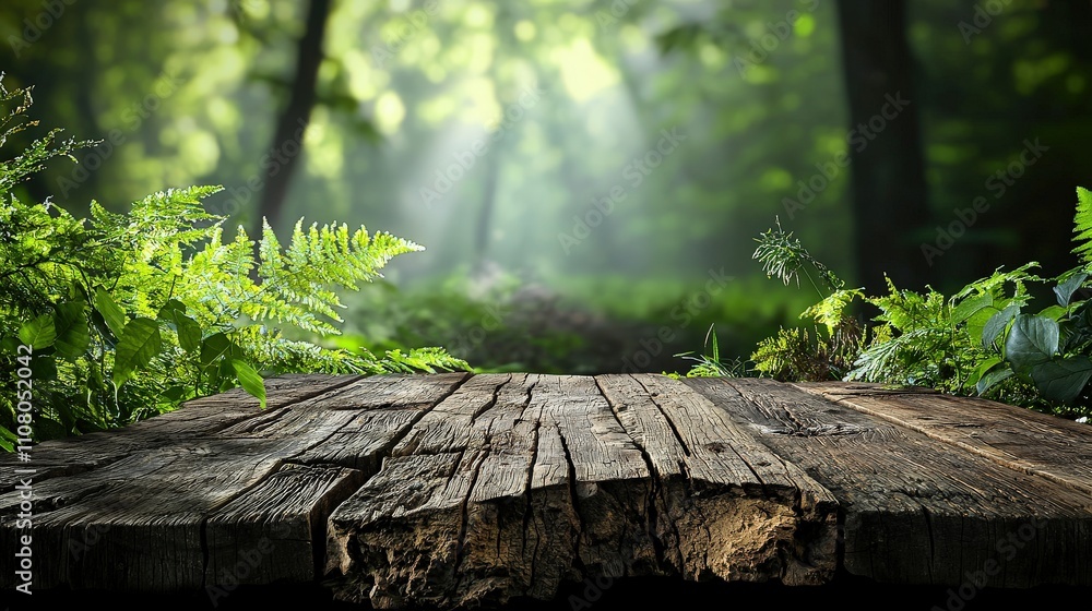 Poster rustic wooden plank table surrounded by lush foliage forest setting nature photography serene enviro