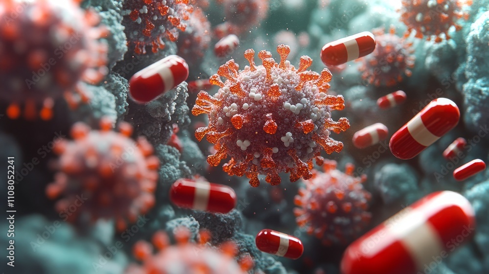 Poster detailed model of a virus interacting with red capsules in high-resolution visual rendering