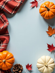 Fototapeta premium Cozy home scene featuring warm plaid, autumnal decorations such as pumpkins, pinecones, and leaves on a light gray background._00001_