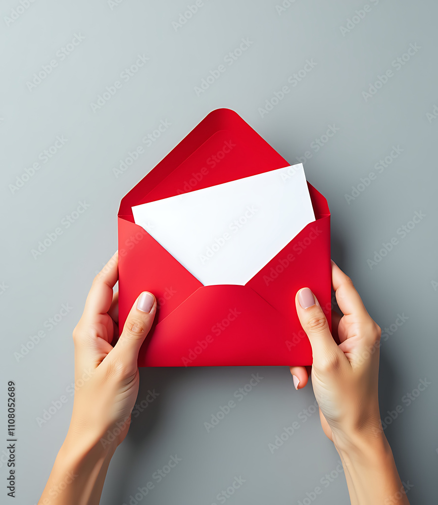 Poster female hands hold open a red envelope revealing a white card on an isolated grey background with cop