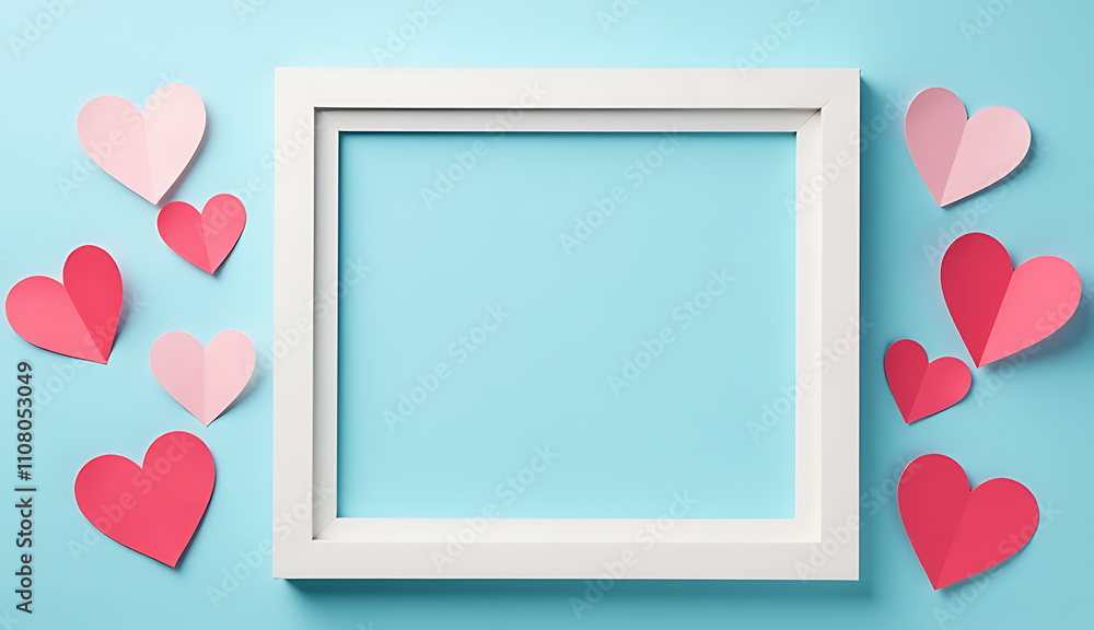 Aufkleber Paper hearts and an empty frame are arranged on a soft blue backdrop in this versatile creative flat lay composition._00001_
