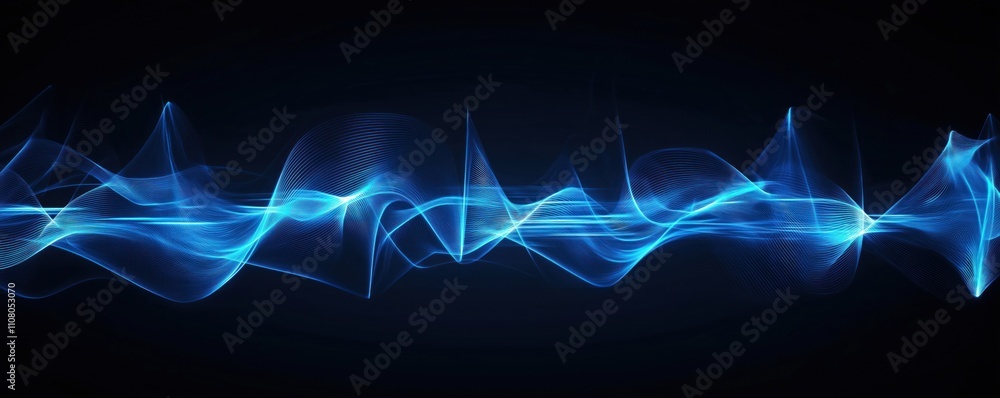 Aufkleber Abstract illustration. Dynamic blue sound waves flow across dark background. Modern tech design visualizes audio data. Creative visual effects. Suitable for music tech, audio concepts. Ideal for