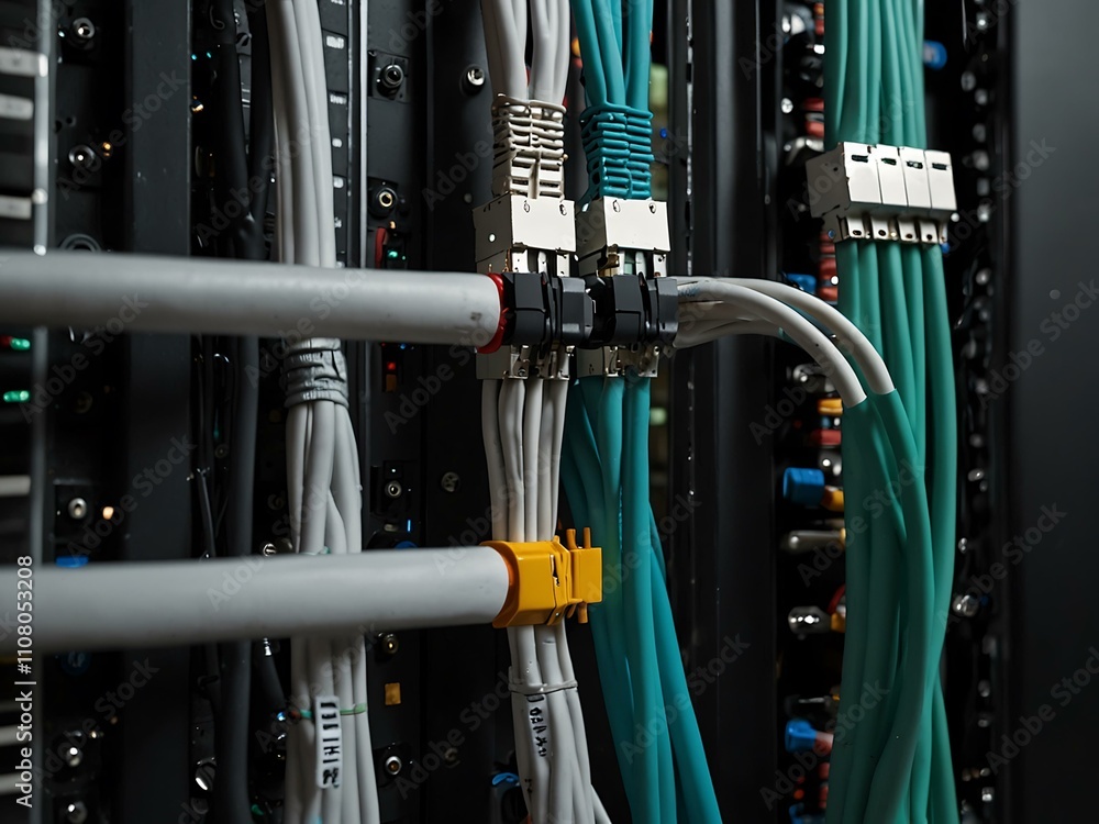 Poster network cables connecting servers in a data center.