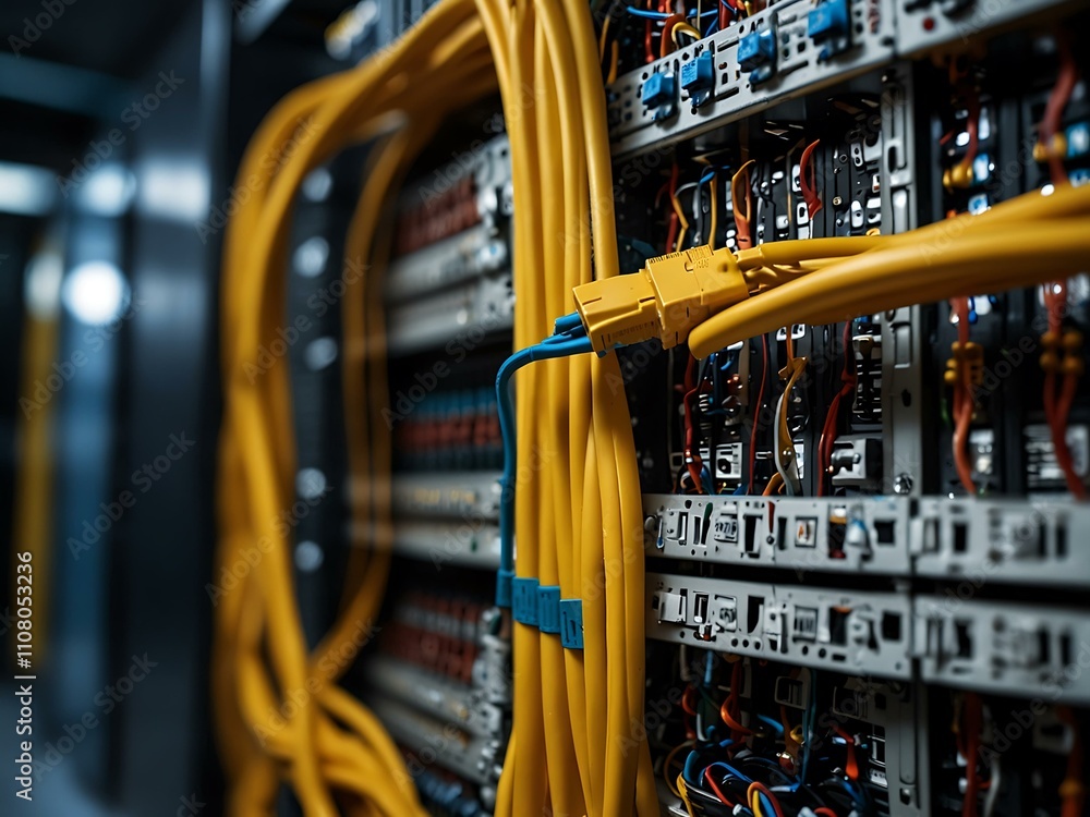 Poster network cables connecting servers in a data center.