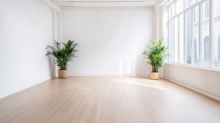 Fototapeta premium Bright and airy indoor space with two potted plants, showcasing natural light and minimalistic decor in a modern environment