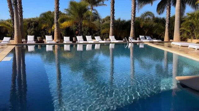Tropical poolside oasis with palm trees and sun loungers under clear blue skies