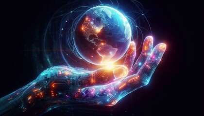 Fototapeta premium Glowing Digital Hand Holding Illuminated Globe, Symbolizing Global Technology, Innovation, and Data Control in a Futuristic Environment