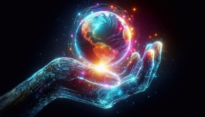 Obraz premium Glowing Digital Hand Holding Illuminated Globe, Symbolizing Global Technology, Innovation, and Data Control in a Futuristic Environment